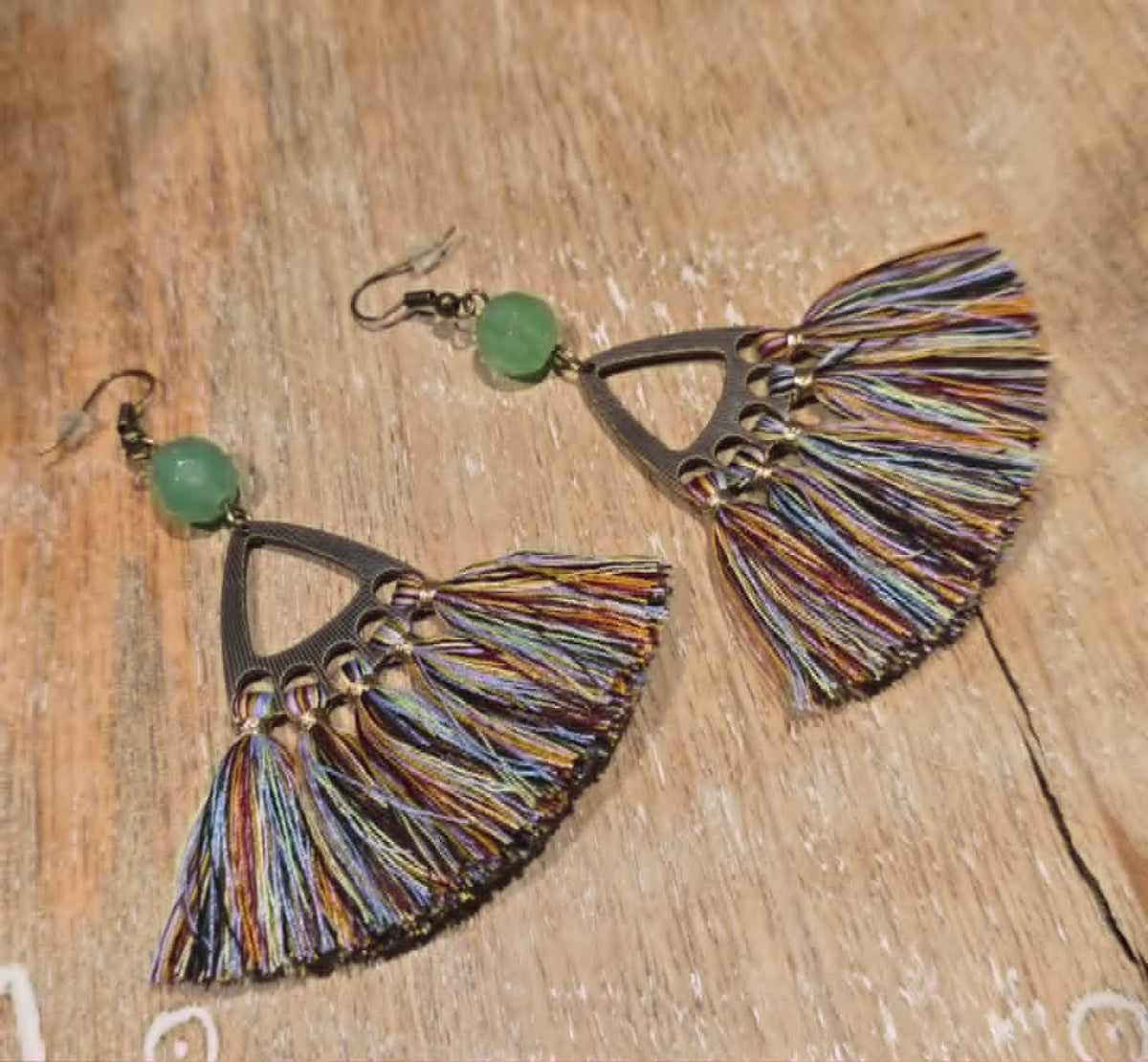 Boho Multicolor Tassel Fringe Earrings with Green Bead & Bronze Tone Details