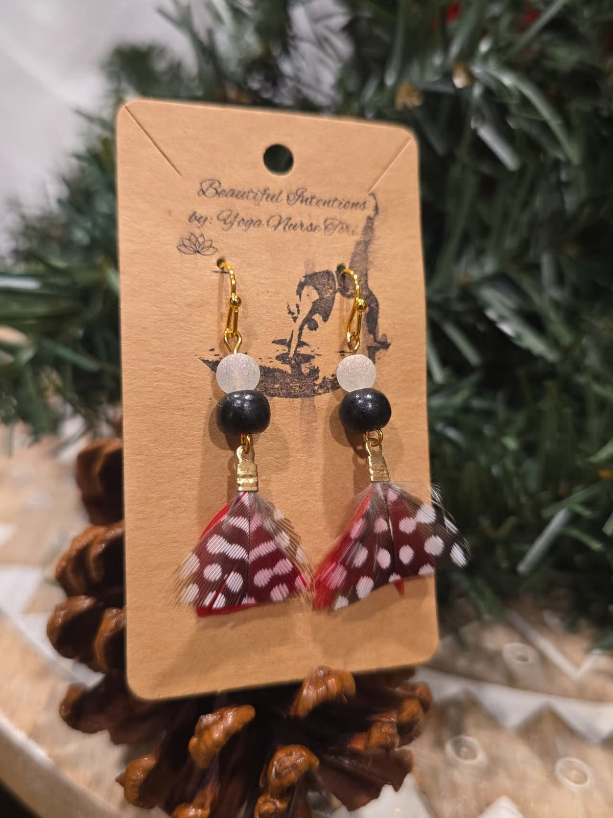 Feather Earrings with Black &amp; White Beads | Handmade Boho Feather Jewelry
