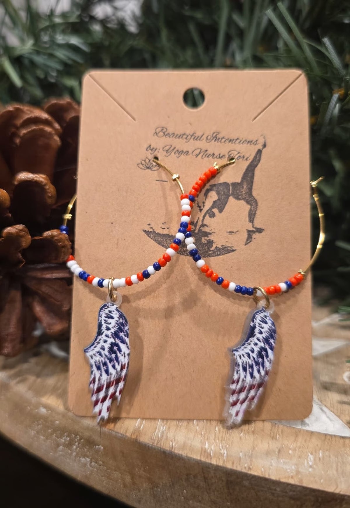 Patriotic Wing Hoop Earrings | Handmade Red, White &amp; Blue Beaded Gold-Tone Hoops