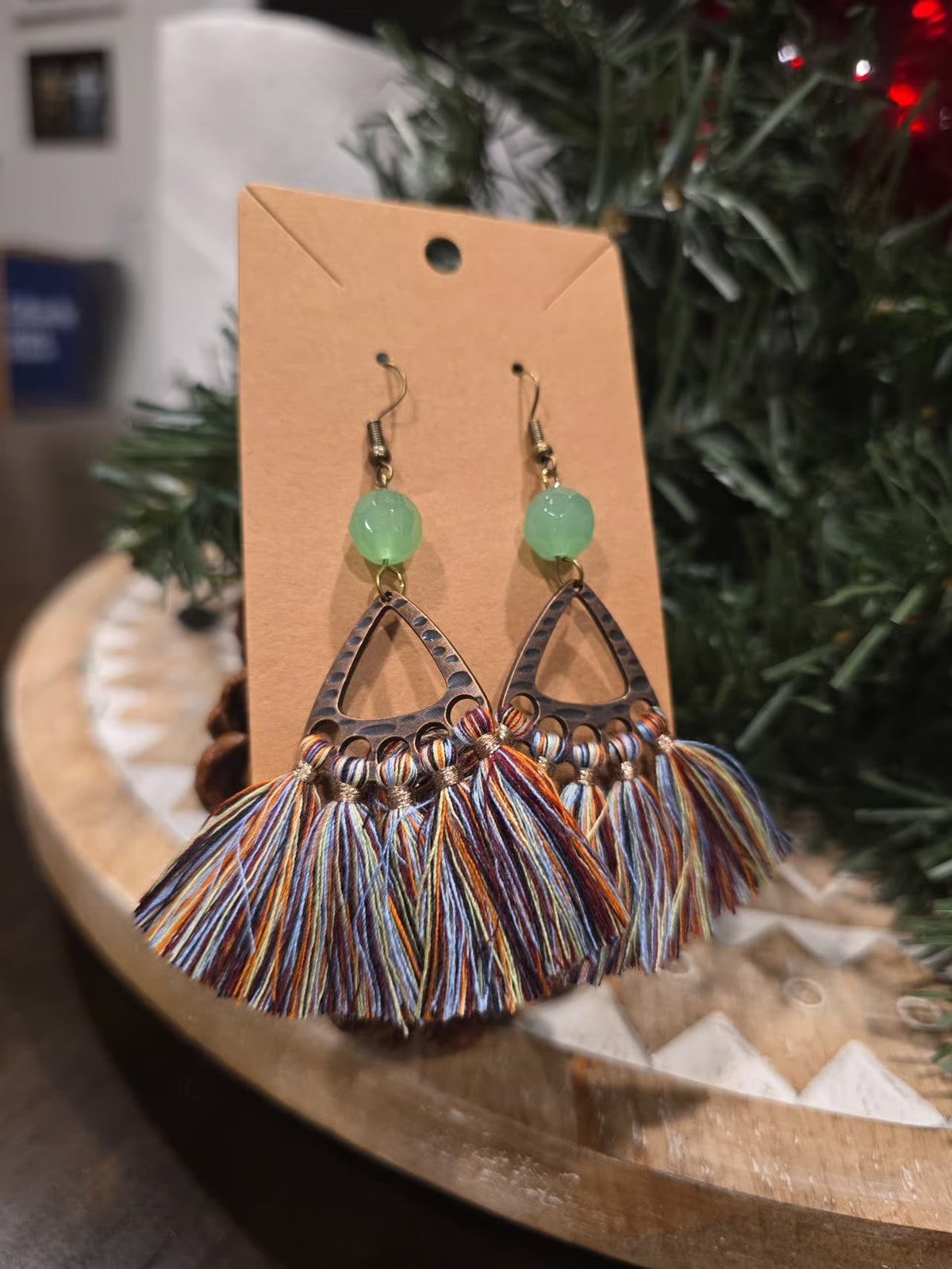 Boho Multicolor Tassel Fringe Earrings with Green Bead & Bronze Tone Details