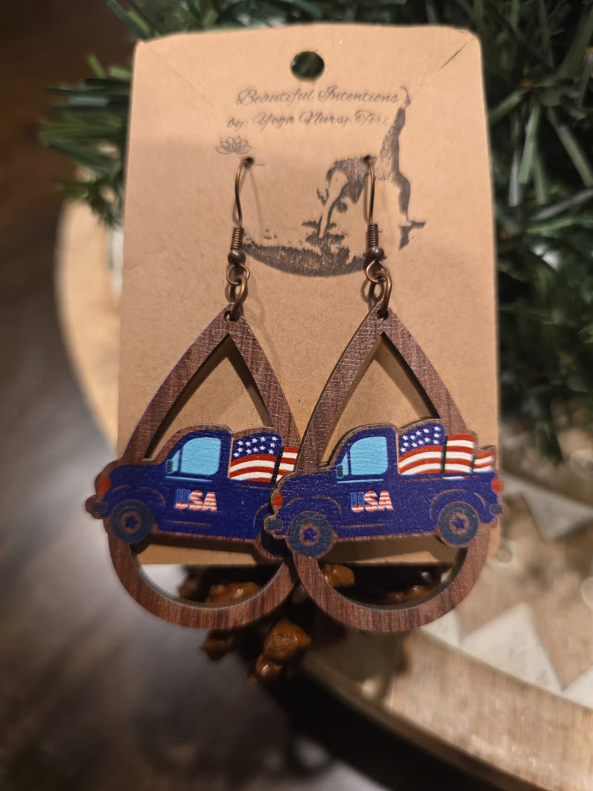 Patriotic Blue Truck Wooden Teardrop Earrings | Lightweight Statement Earrings
