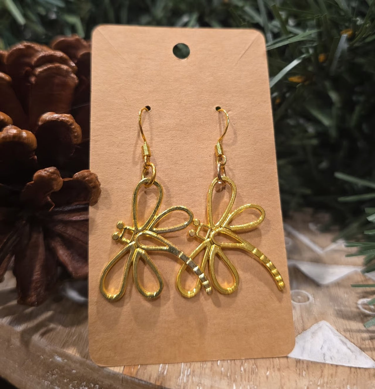 Golden Dragonfly Earrings | Lightweight Gold-Tone Nature Inspired Earrings | Handmade Statement Jewelry