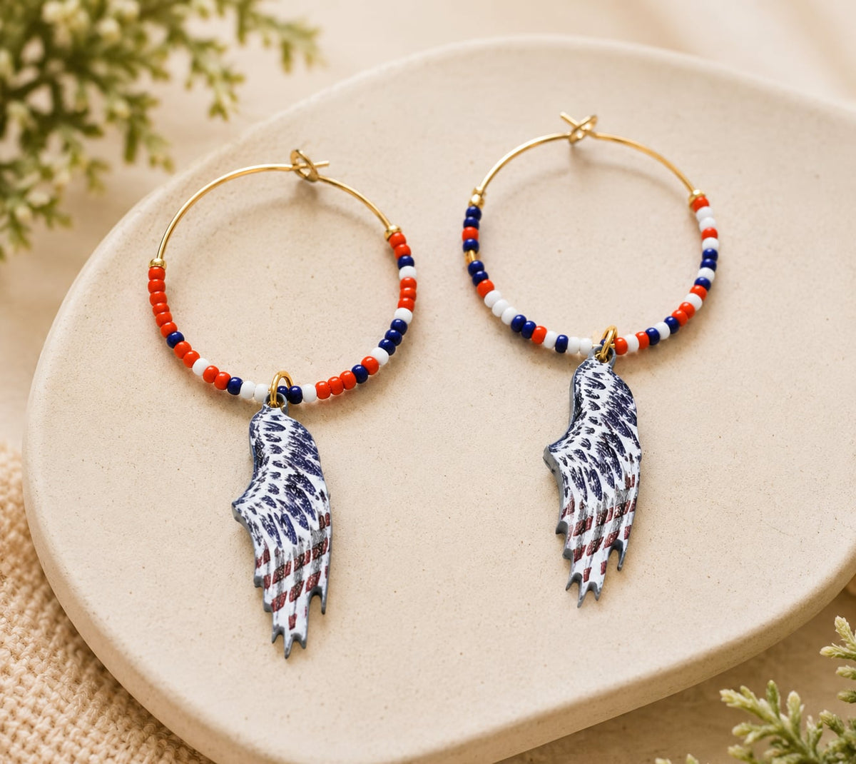 Patriotic Wing Hoop Earrings | Handmade Red, White &amp; Blue Beaded Gold-Tone Hoops