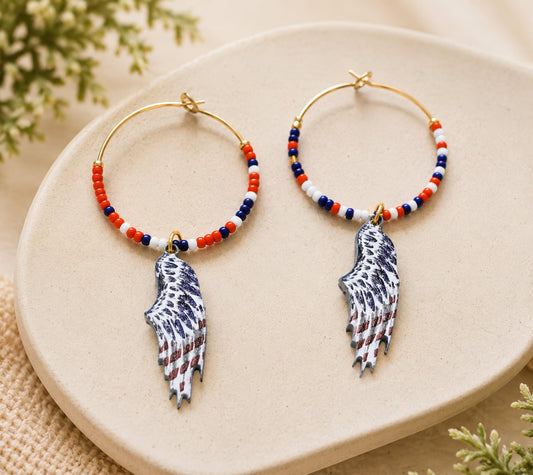 Patriotic Wing Hoop Earrings | Handmade Red, White &amp; Blue Beaded Gold-Tone Hoops