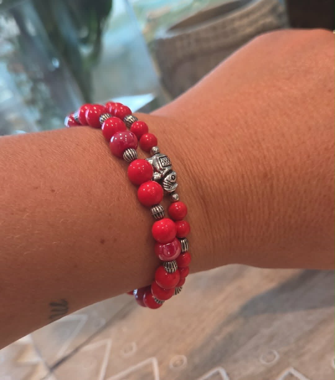 Red Beaded Bracelet Set with Elephant Charm | Matching Stretch Bracelets | Handmade Stackable Jewelry | Gift for Her