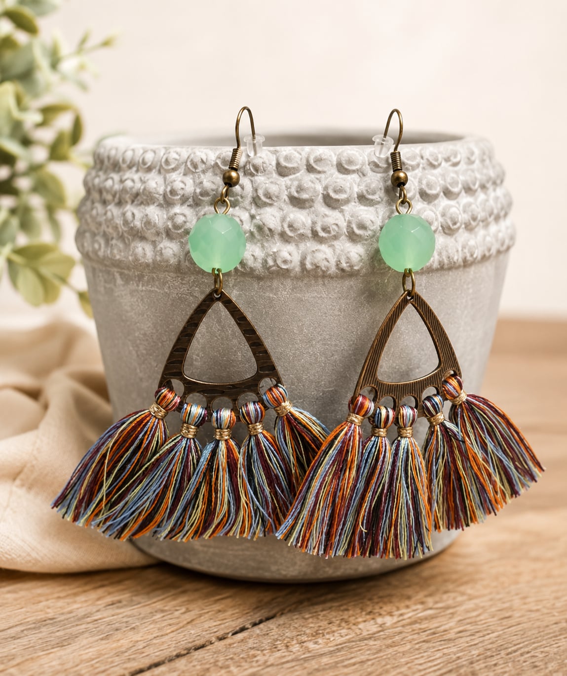 Boho Multicolor Tassel Fringe Earrings with Green Bead & Bronze Tone Details