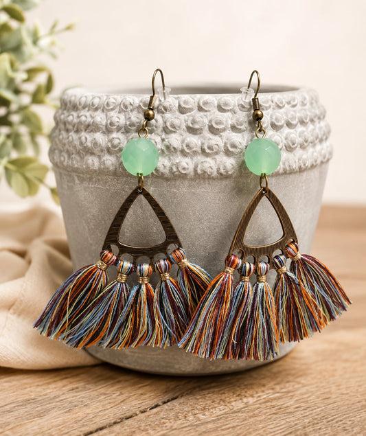 Boho Multicolor Tassel Fringe Earrings with Green Bead & Bronze Tone Details