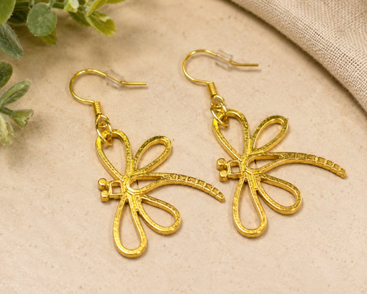 Golden Dragonfly Earrings | Lightweight Gold-Tone Nature Inspired Earrings | Handmade Statement Jewelry