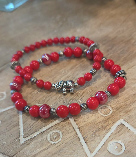 Red Beaded Bracelet Set with Elephant Charm | Matching Stretch Bracelets | Handmade Stackable Jewelry | Gift for Her