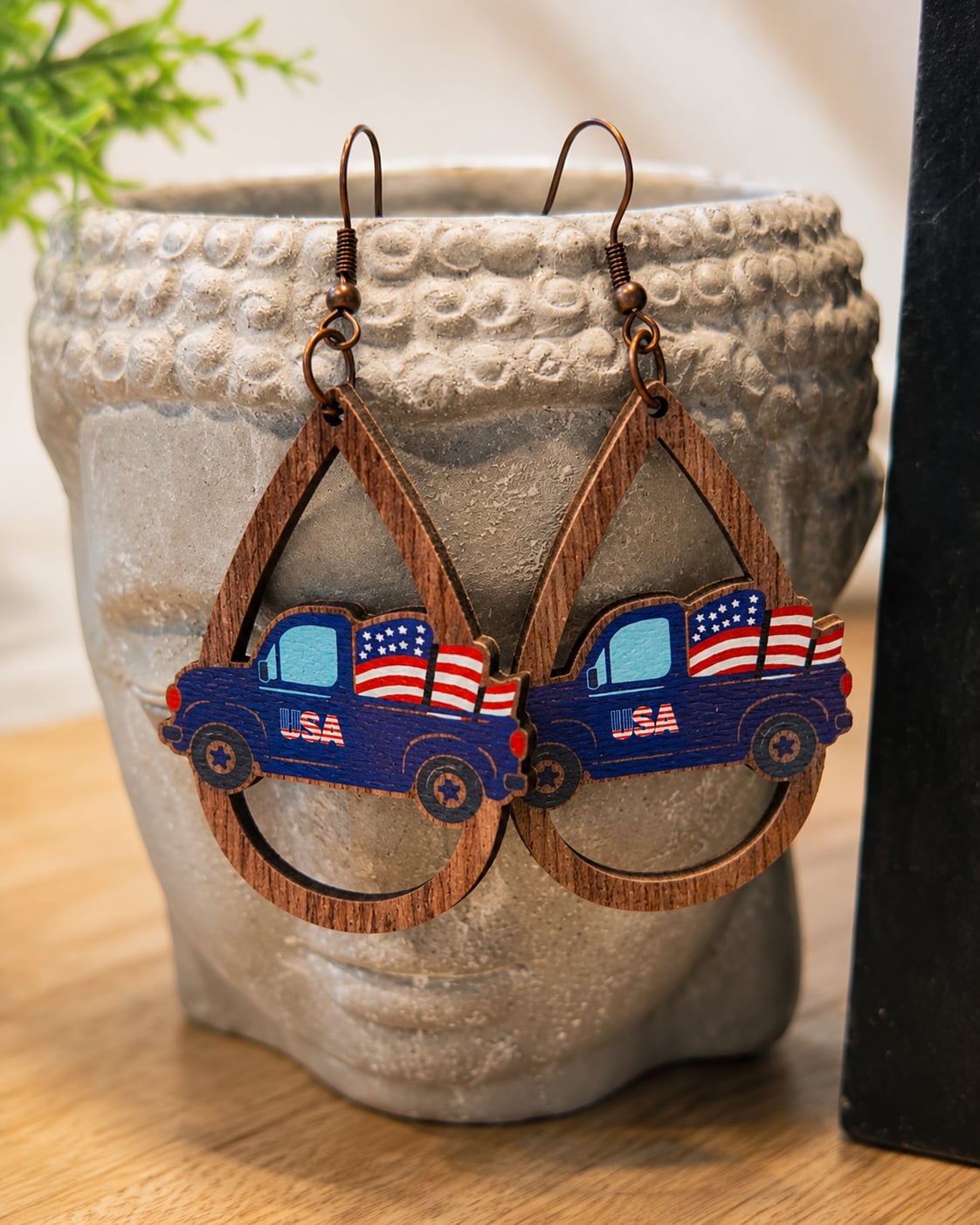 Patriotic Blue Truck Wooden Teardrop Earrings | Lightweight Statement Earrings