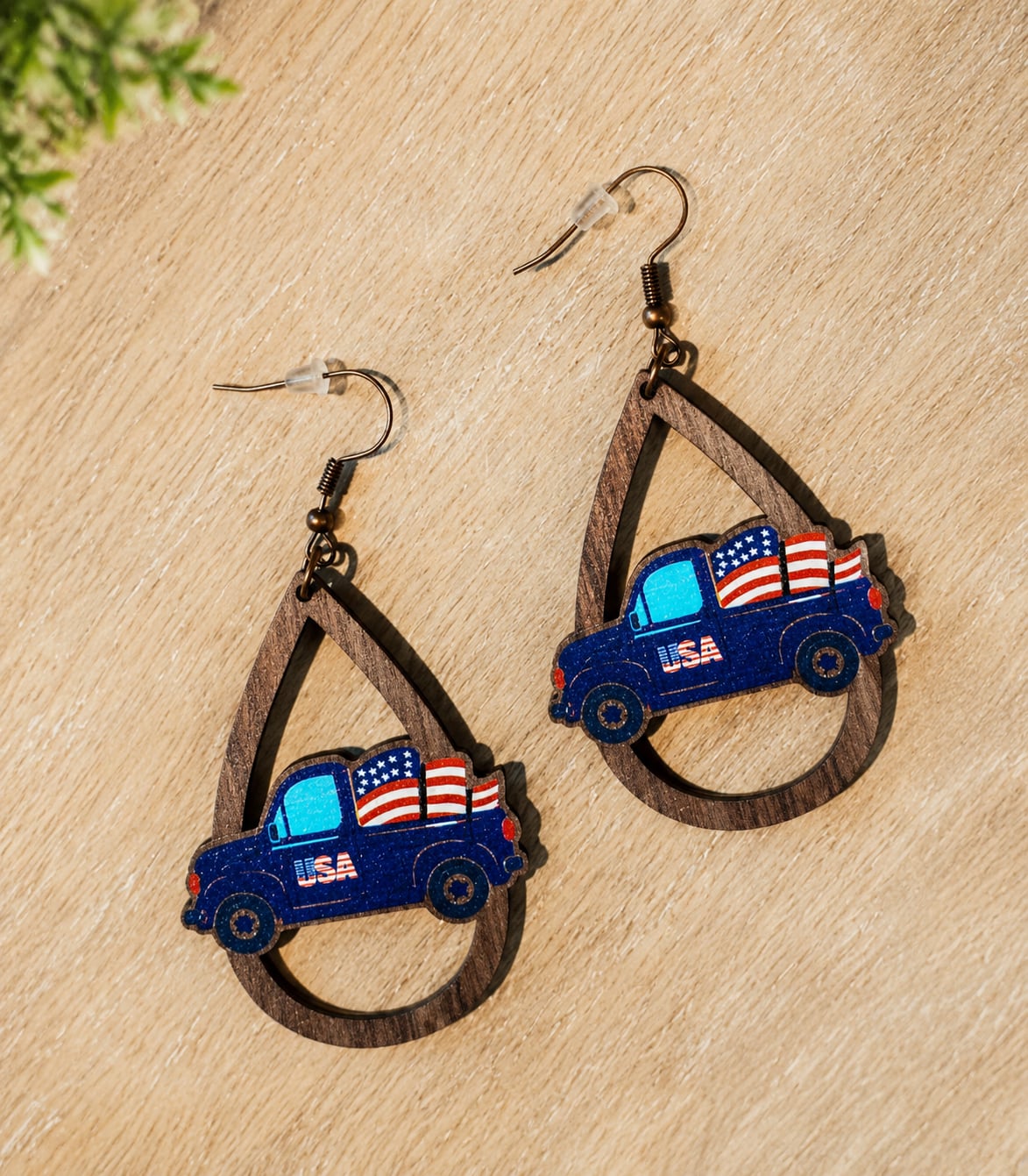 Patriotic Blue Truck Wooden Teardrop Earrings | Lightweight Statement Earrings