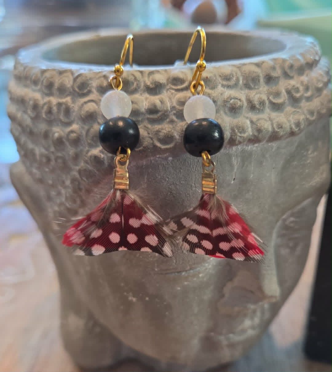 Feather Earrings with Black &amp; White Beads | Handmade Boho Feather Jewelry