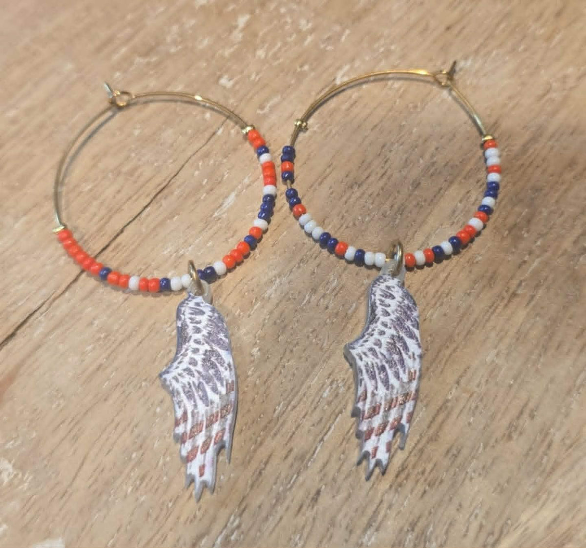 Patriotic Wing Hoop Earrings | Handmade Red, White &amp; Blue Beaded Gold-Tone Hoops