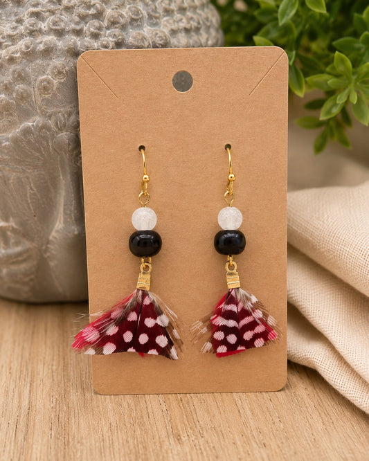 Feather Earrings with Black &amp; White Beads | Handmade Boho Feather Jewelry