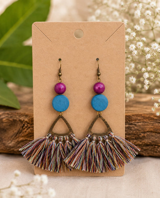 Boho Tassel Statement Earrings | Colorful Fringe Earrings | Lightweight Handmade Dangle Earrings | 4" Long