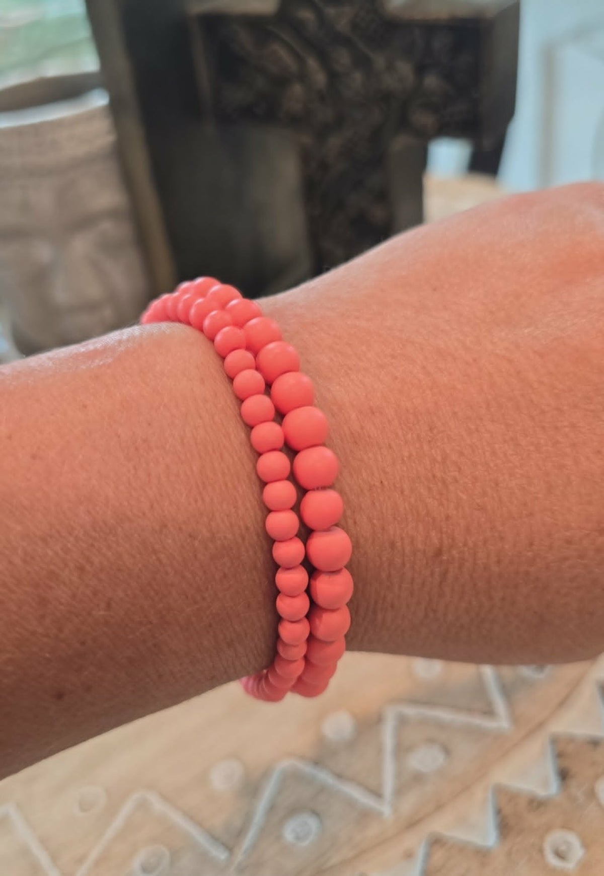Coral Pink Beaded Bracelet Set | Matching Stretch Bracelets | Stackable Minimalist Jewelry | Mother & Daughter Bracelet Set