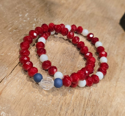 Patriotic Bracelet Set | Handmade Red, White & Blue Stretch Bracelets | Stackable Jewelry Set