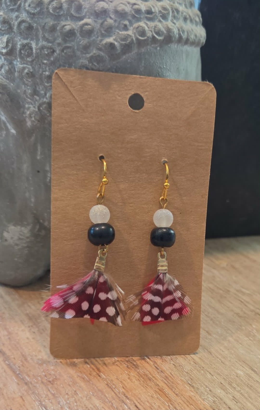 Feather Earrings with Black &amp; White Beads | Handmade Boho Feather Jewelry