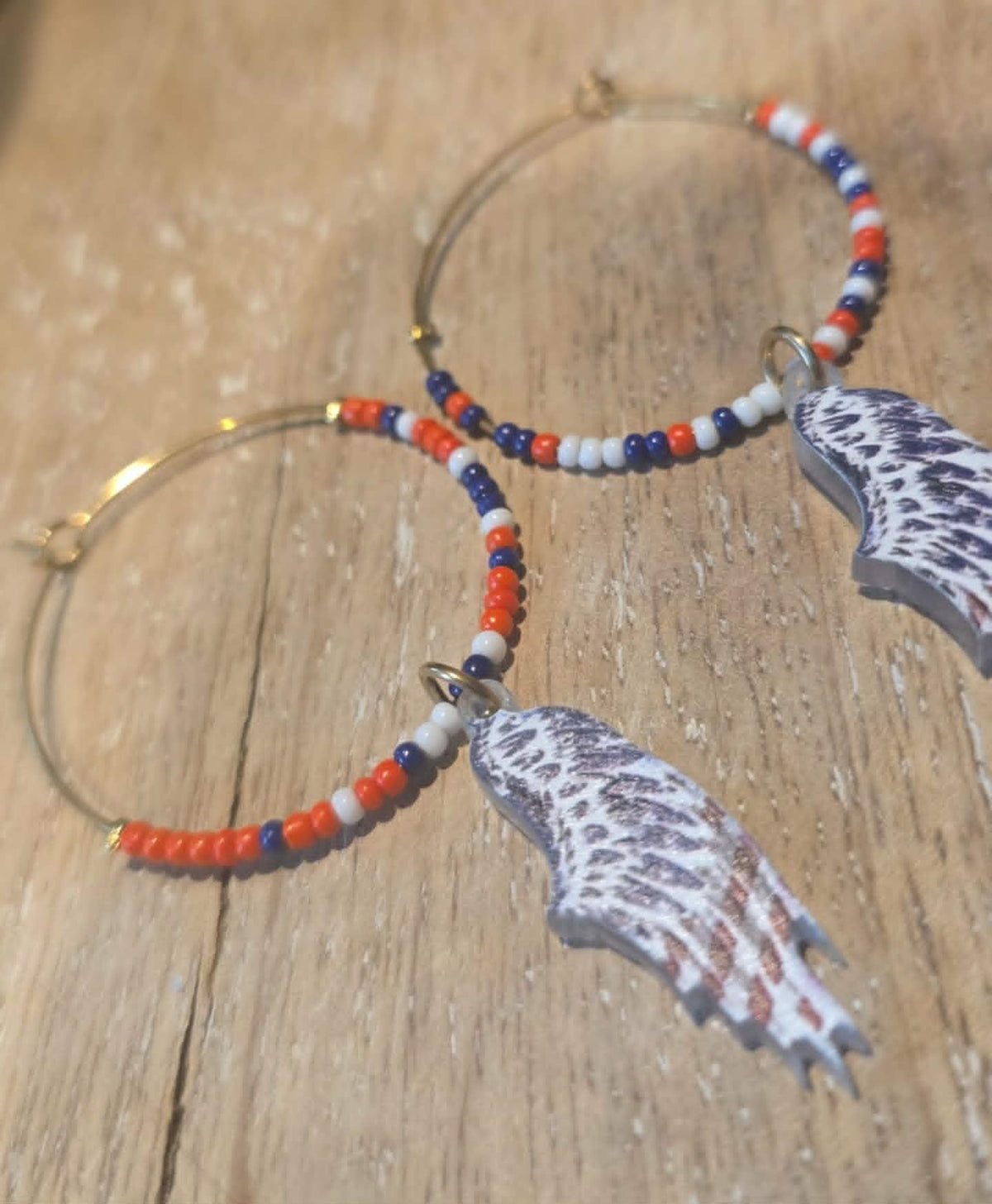 Patriotic Wing Hoop Earrings | Handmade Red, White &amp; Blue Beaded Gold-Tone Hoops