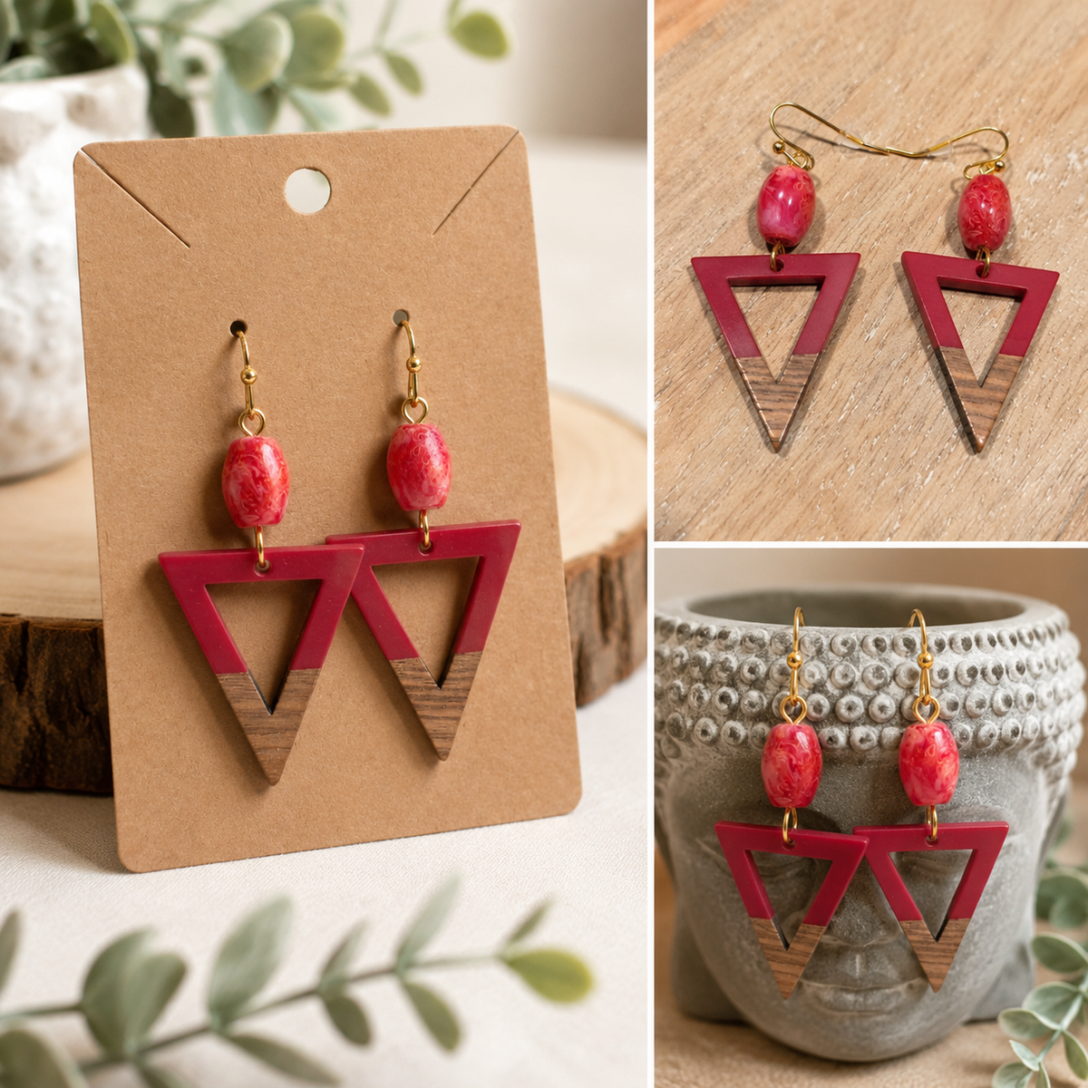 Crimson Triangle Wood Earrings
